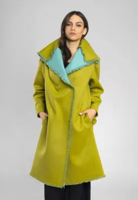 Angie Coat, Large Collar Italian Wool Coat Green - Stylish and Elegant Green Coat Made of Italian Wool