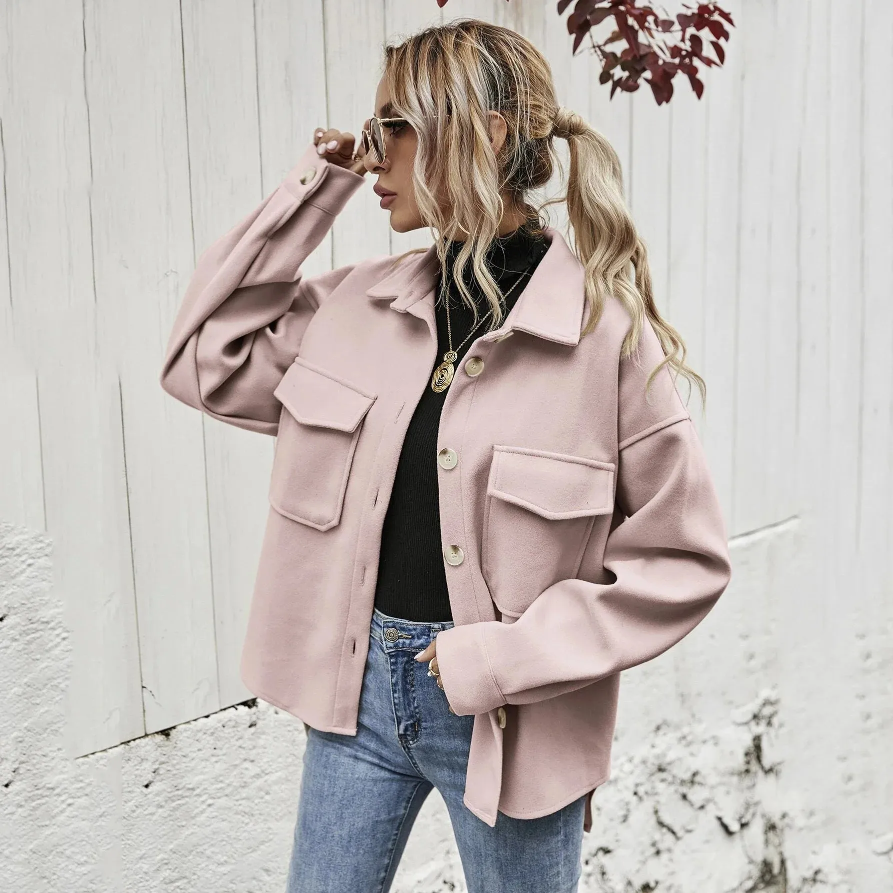 Autumn and Winter Lapel Single Breasted Wool Loose Coat Women