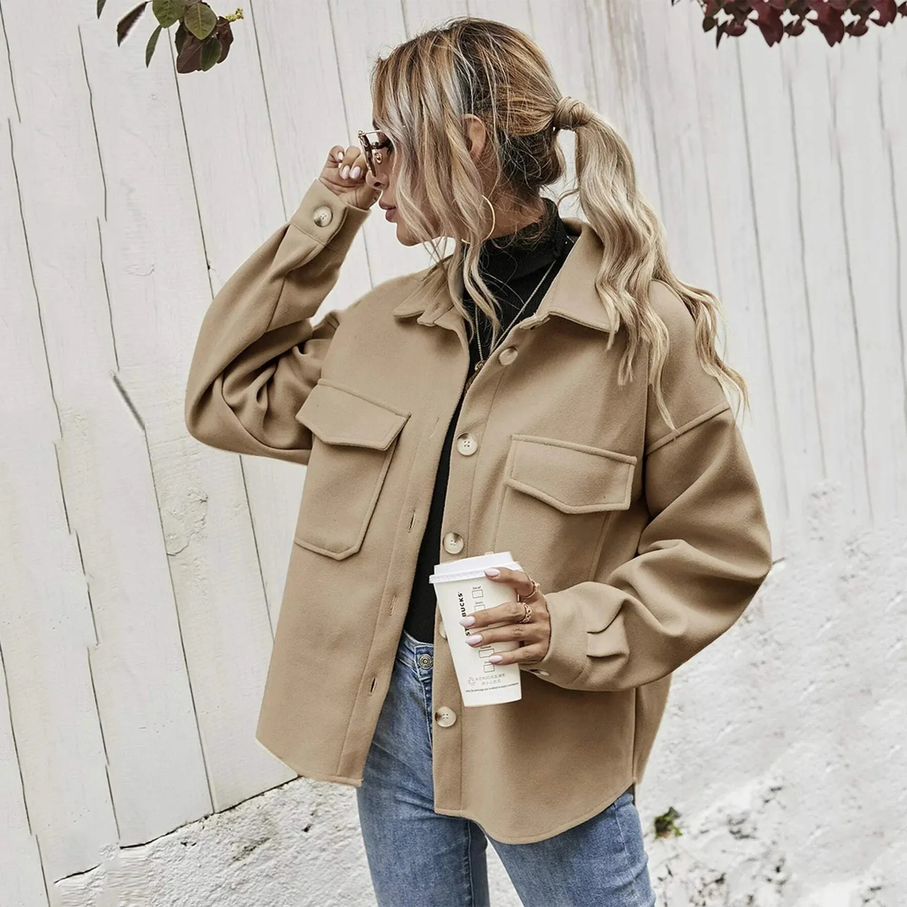 Autumn and Winter Lapel Single Breasted Wool Loose Coat Women