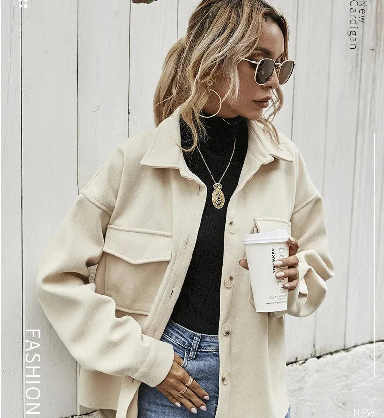 Autumn and Winter Lapel Single Breasted Wool Loose Coat Women