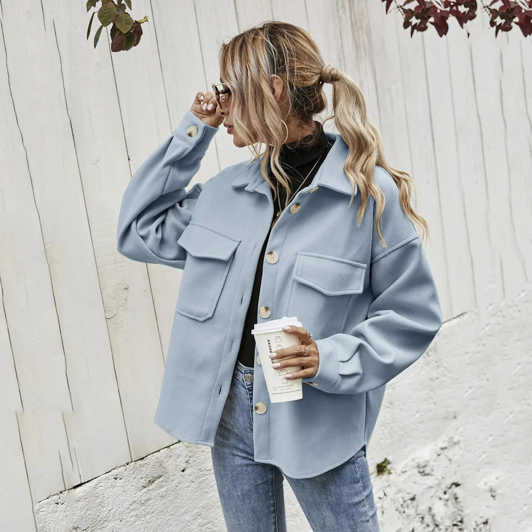 Autumn and Winter Lapel Single Breasted Wool Loose Coat Women