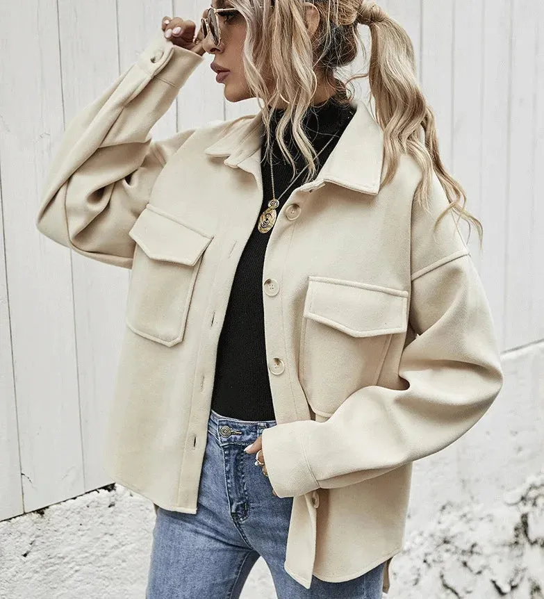 Autumn and Winter Lapel Single Breasted Wool Loose Coat Women