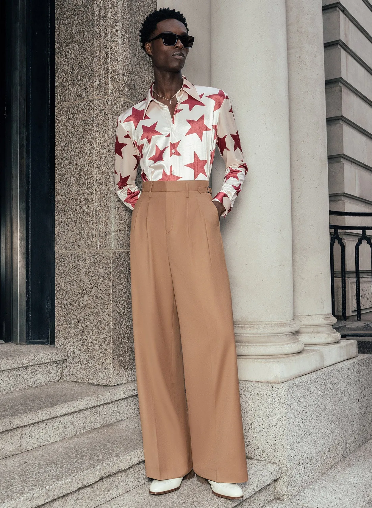 Beige Side Buckle Wide Leg Flare Wool Trousers