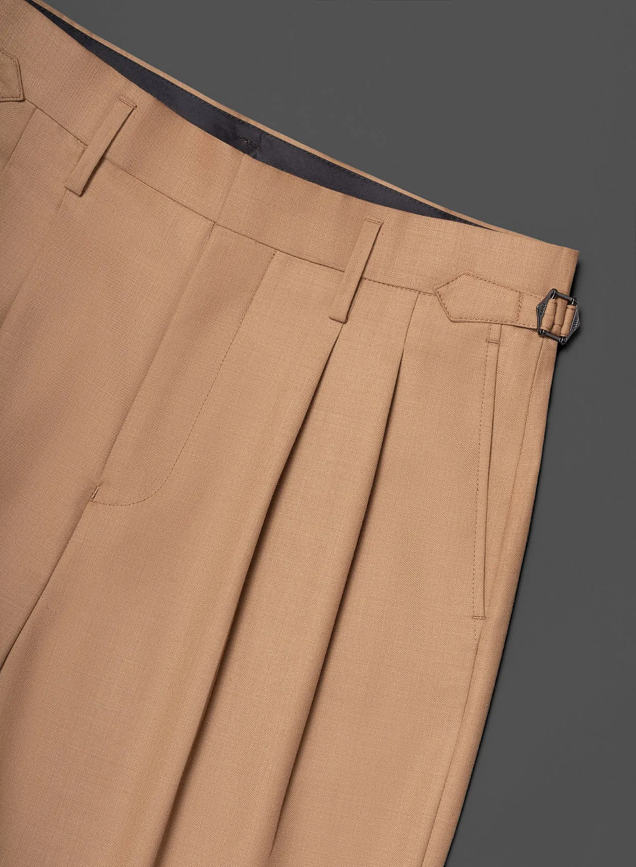 Beige Side Buckle Wide Leg Flare Wool Trousers