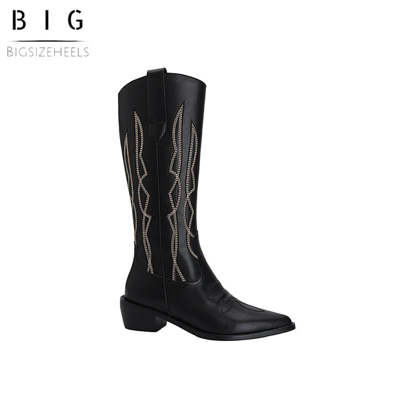 Bigsizeheels Cowhide pointed toe embroidery retro boots - Black