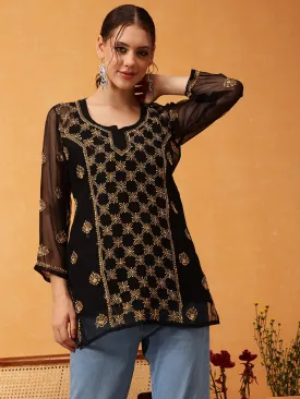 Black & Gold Georgette Embroidery Chikankari Tunic With Slip