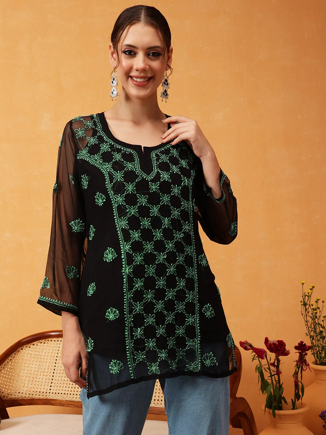 Black & Green Georgette Embroidery Chikankari Tunic With Slip