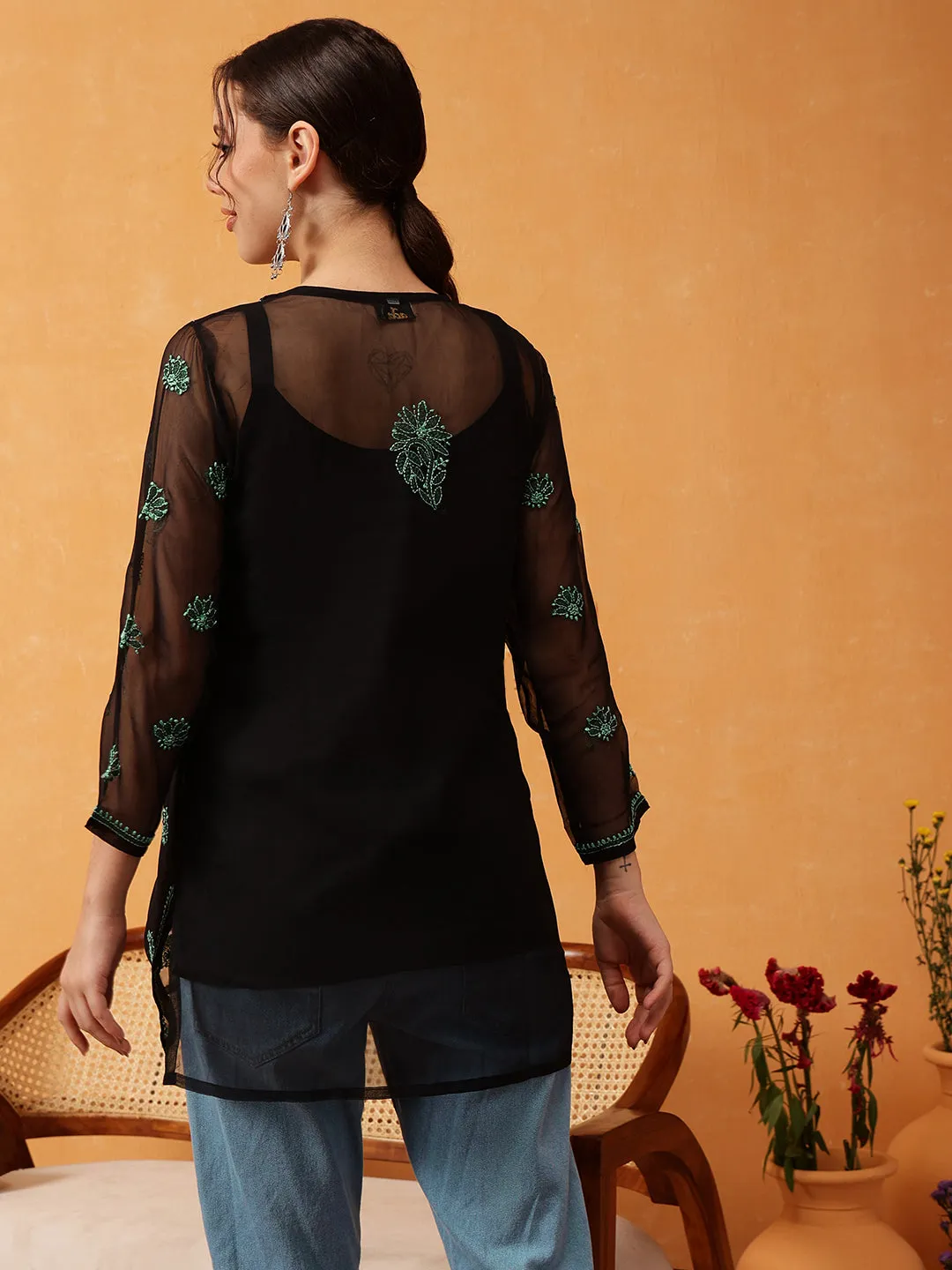 Black & Green Georgette Embroidery Chikankari Tunic With Slip