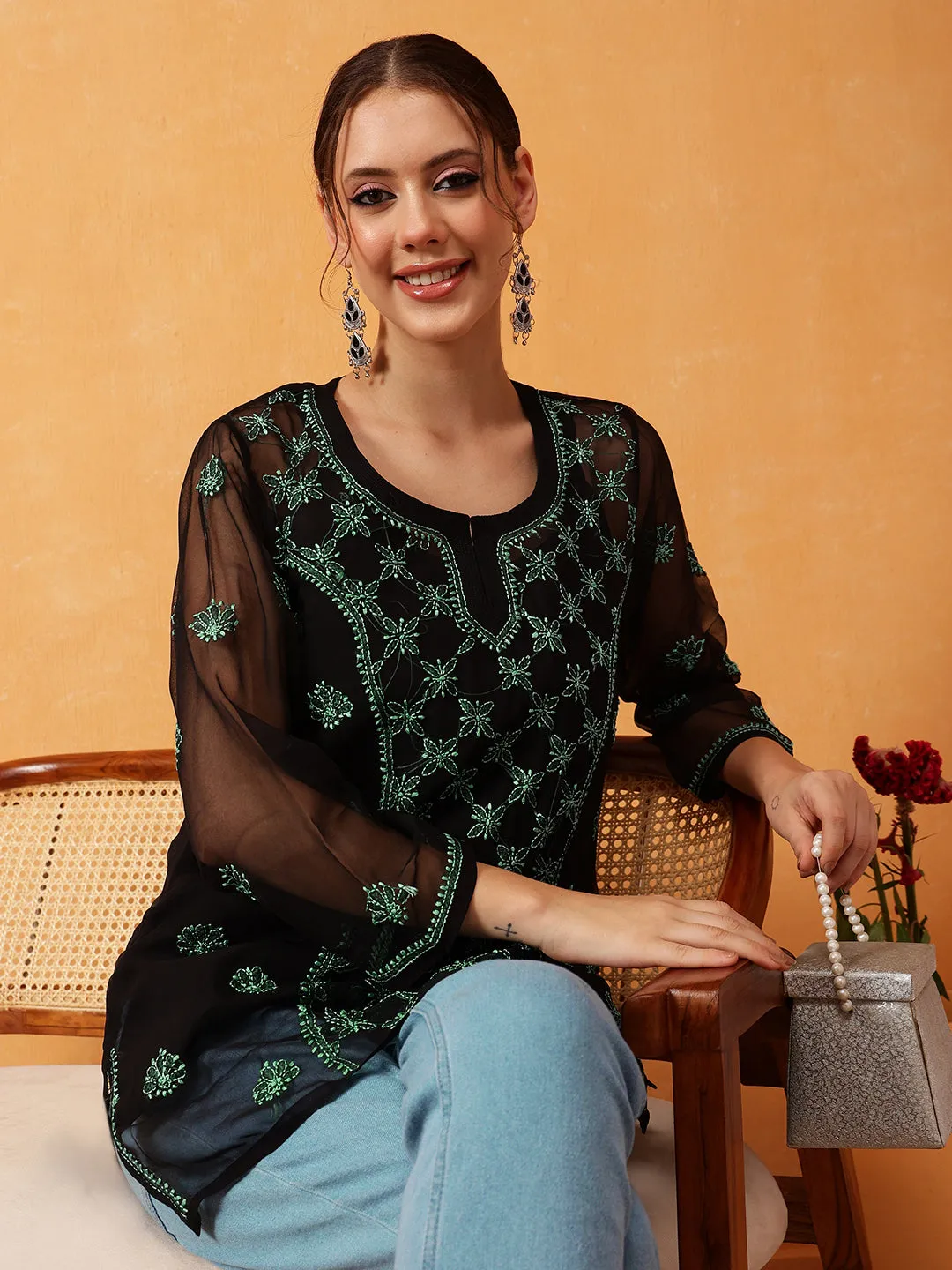 Black & Green Georgette Embroidery Chikankari Tunic With Slip