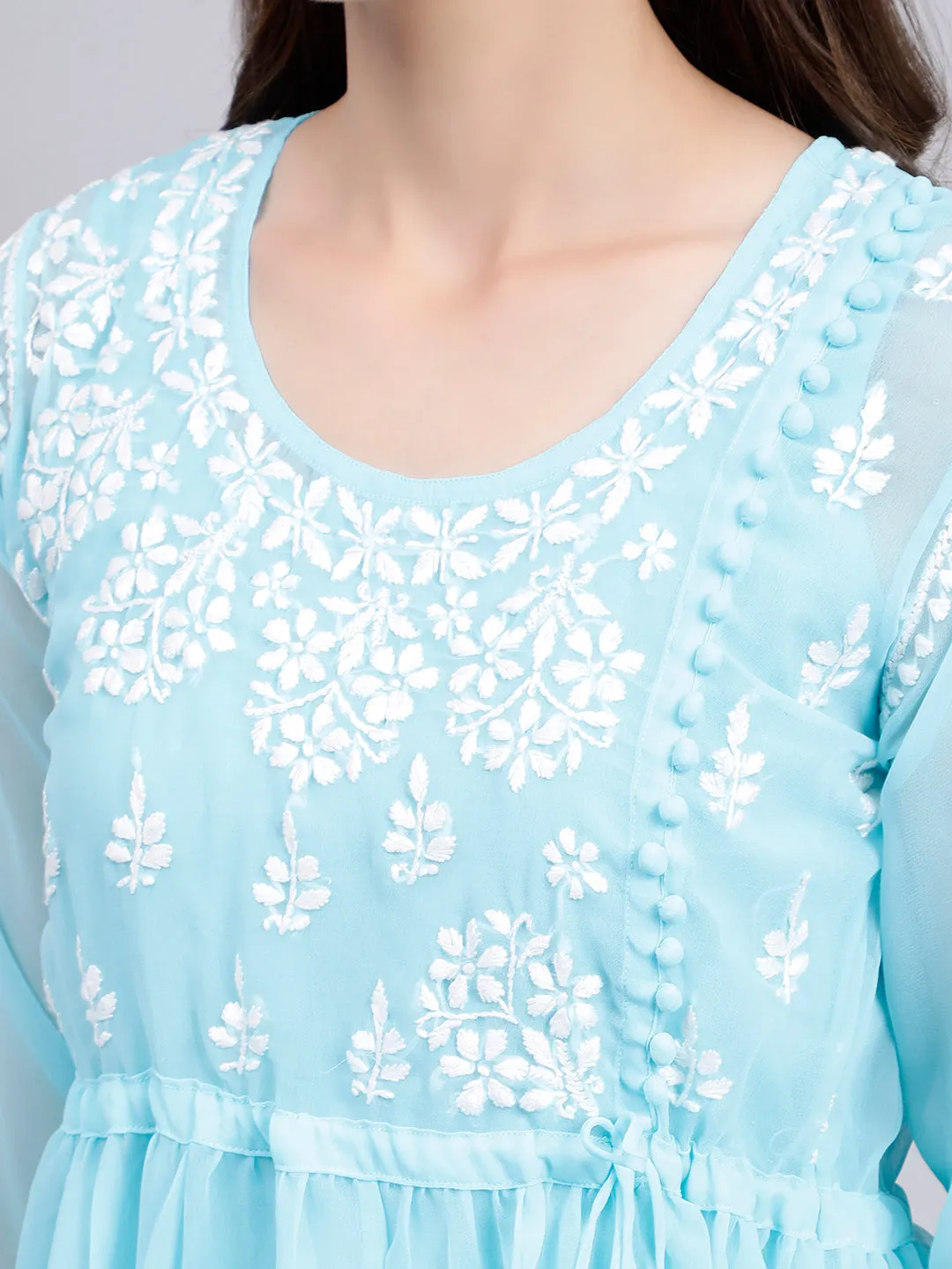 Blue Georgette Angarkha Chikankari Tunic Top With Slip