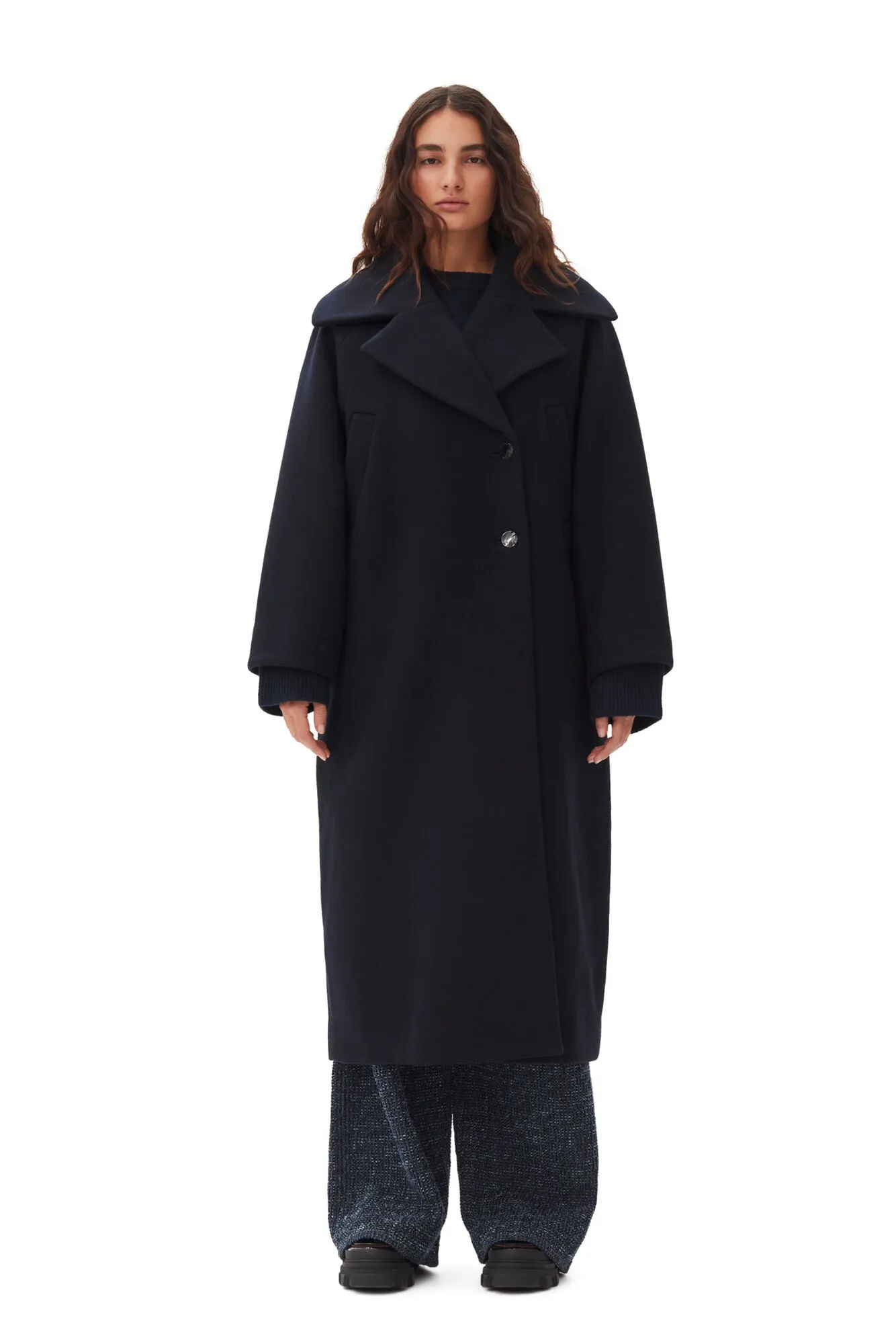 Boiled Wool Large Collar Coat - Sky Captain