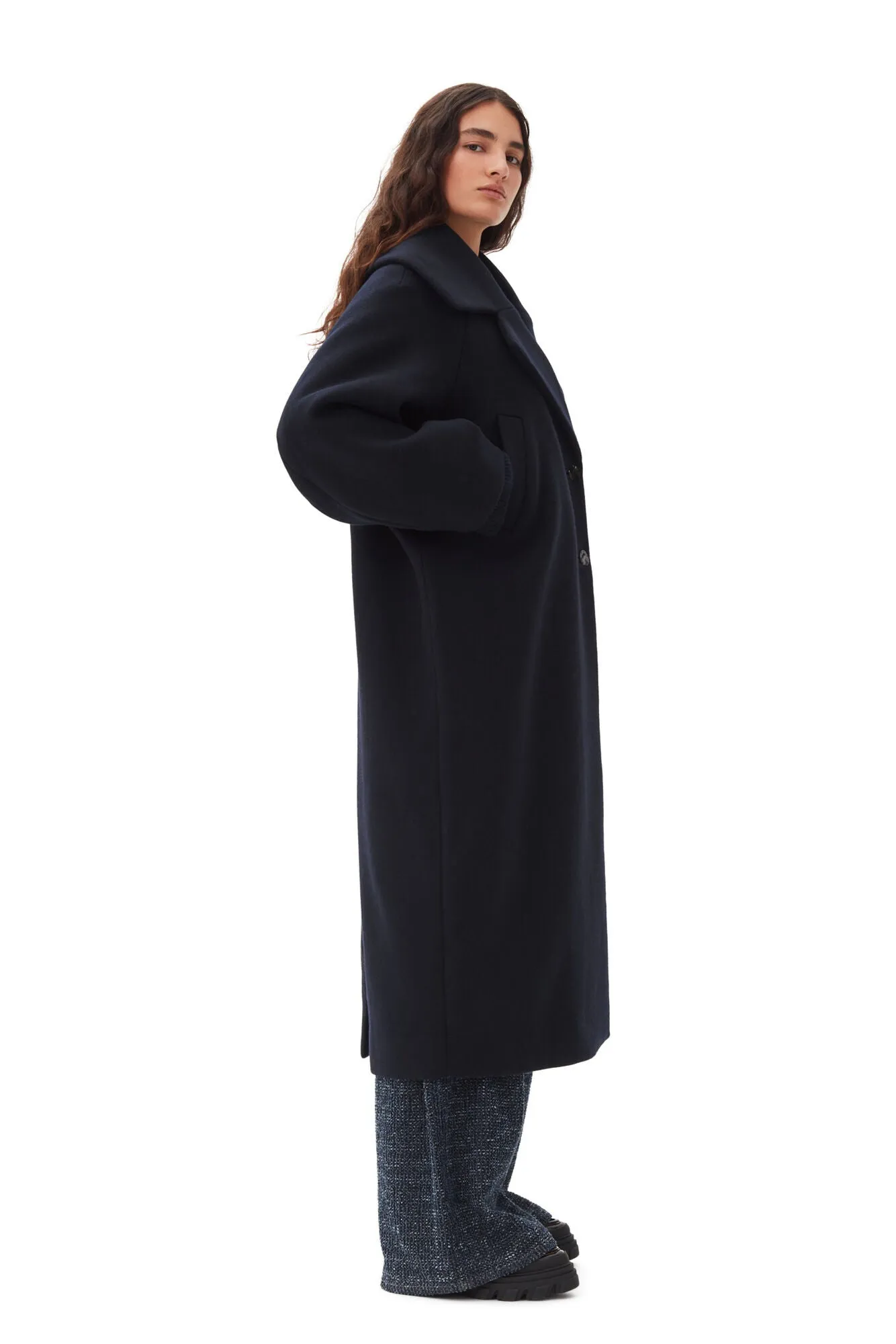 Boiled Wool Large Collar Coat - Sky Captain