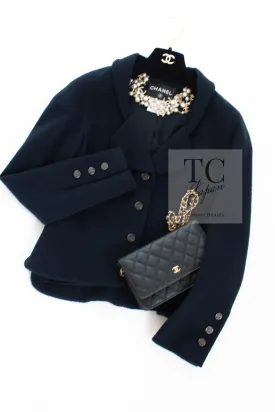 CHANEL 12C Navy Rhinestone CC Buttons Wool Tweed Jacket 38 シャネル ネイビー ラインストーン CC ボタン ウール ツイード ジャケット 即発