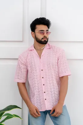 CUTWORK EMBROIDERY SHIRT PINK WITH CAMP COLLAR