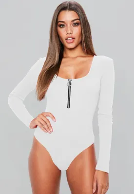 Deep V Neck Long Sleeve Bodysuit Front Zipper White