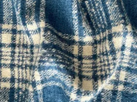 Elegant Plaid Cadet Blue & Pale Ivory Wool & Mohair Bouclé (Made in Italy)