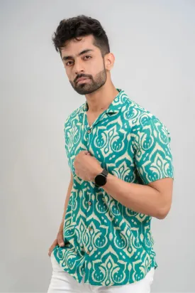 Firangi Yarn Abstract Block Printed Cotton Green Cuban Collar Shirt For Men