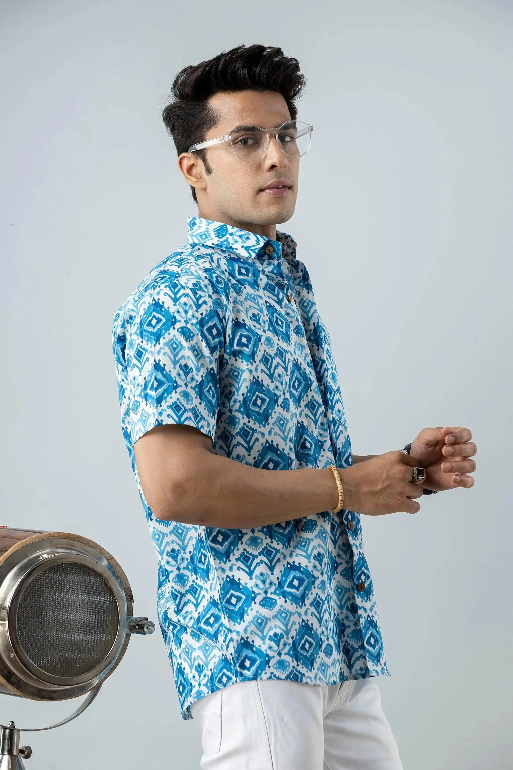 Firangi Yarn Block Printed Cotton Ajrakh Blue Shirt For Men