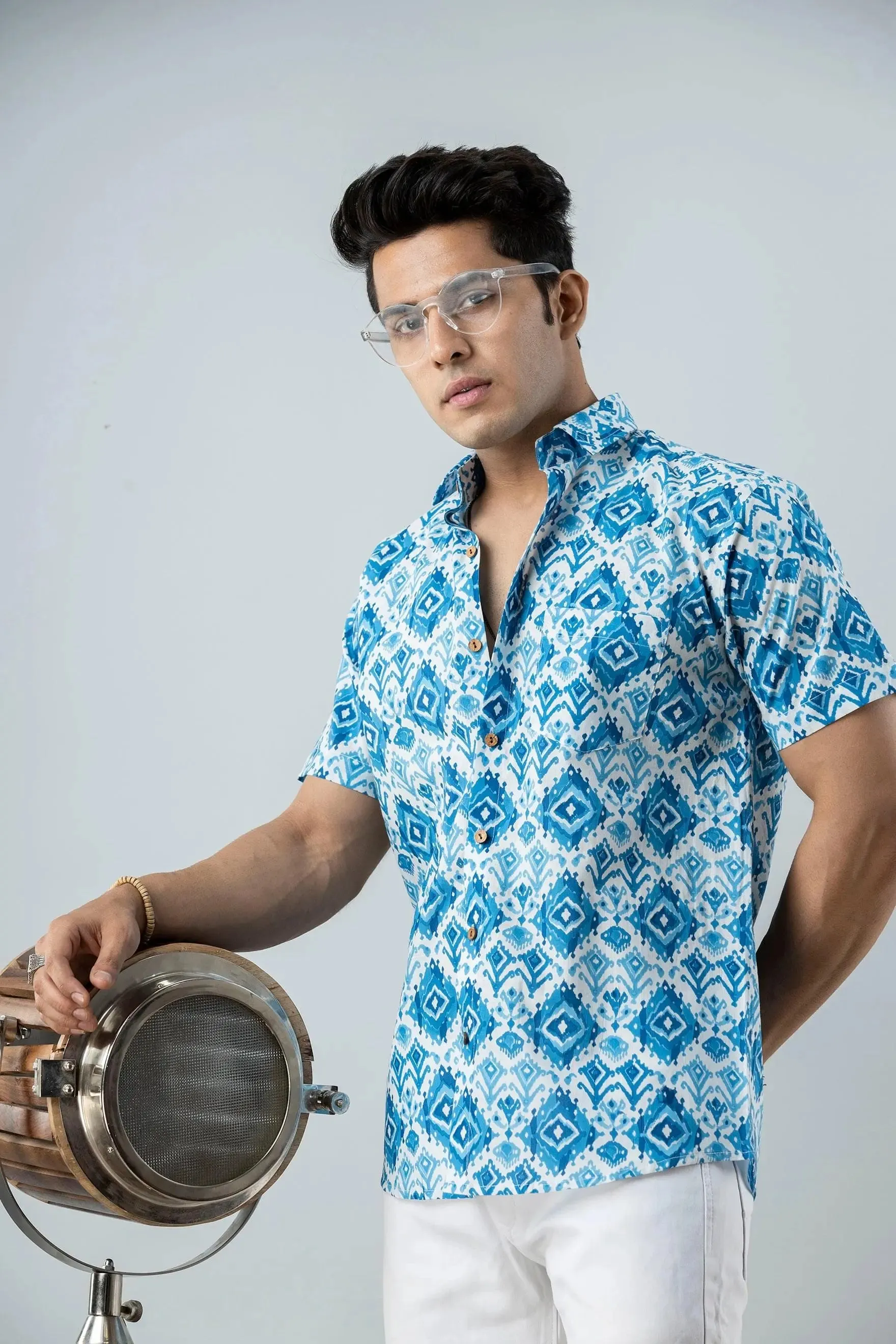 Firangi Yarn Block Printed Cotton Ajrakh Blue Shirt For Men