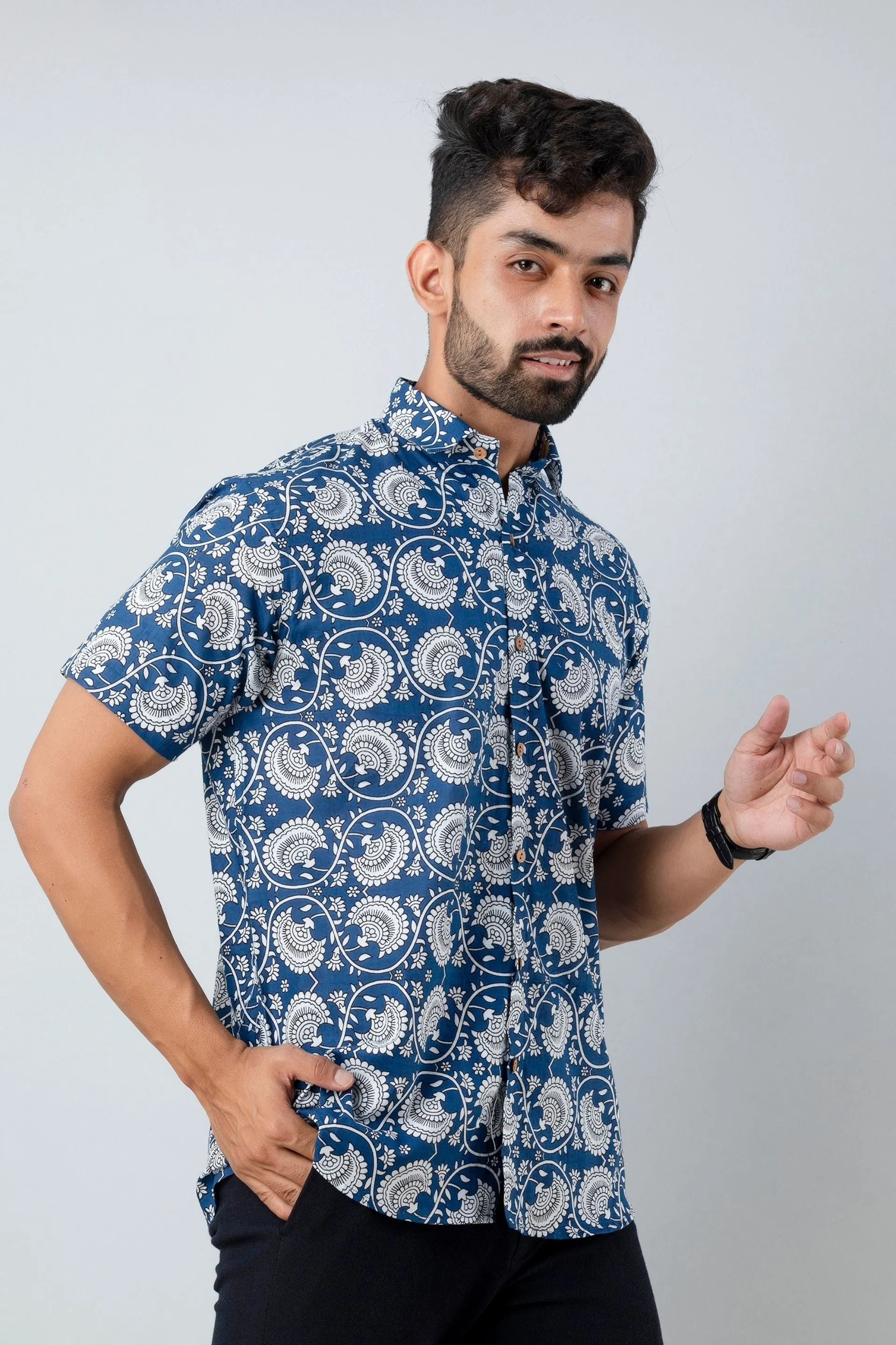 Firangi Yarn Cotton Indigo Block Ethnic Jaipuri Printed Shirt For Men