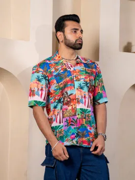 Firangi Yarn Cuban Collar Fusion Printed Oversize Shirt - Beach Scenics