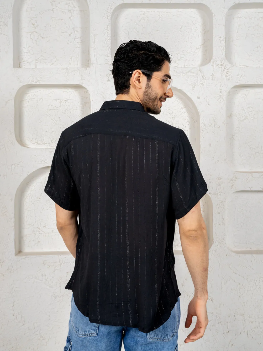 Firangi Yarn Relaxed Fit Super Flowy Re-engineered Cotton Lurex- Half Sleeves Party Shirt Black Silver