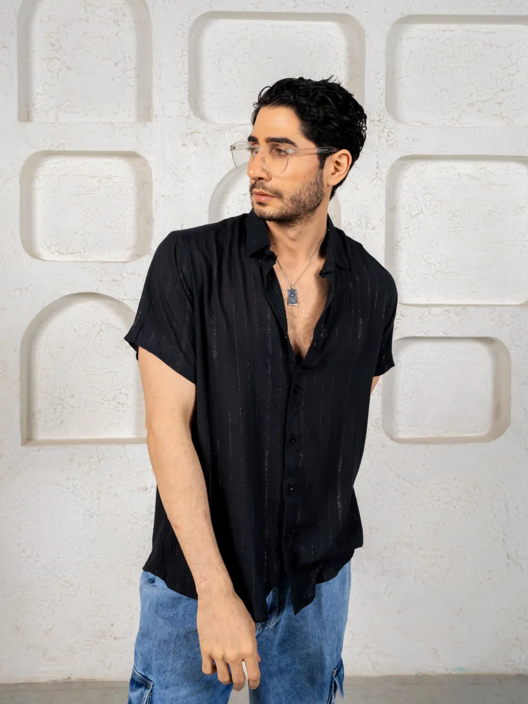 Firangi Yarn Relaxed Fit Super Flowy Re-engineered Cotton Lurex- Half Sleeves Party Shirt Black Silver