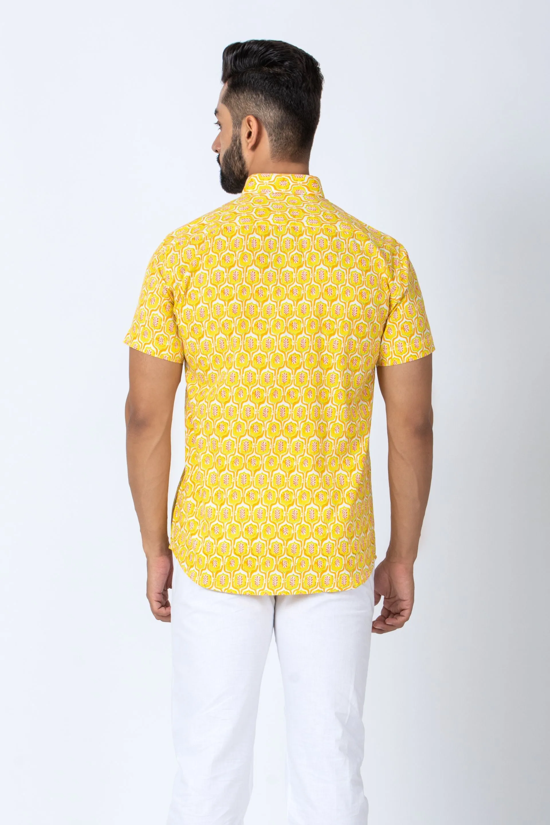 Firangi Yarn Yellow Ethnic Pattern Hand Printed Shirt For Men - Half Sleeves