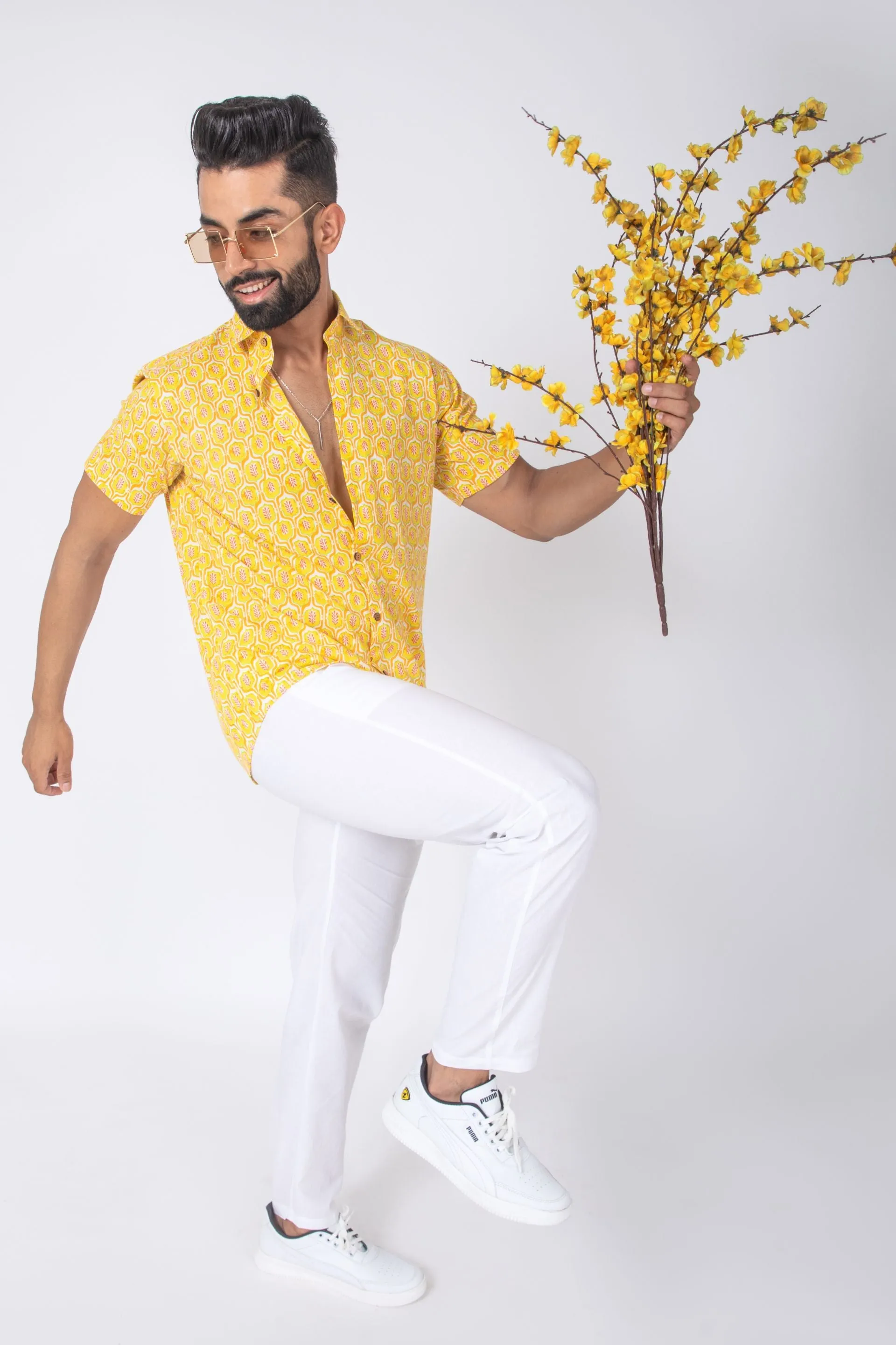 Firangi Yarn Yellow Ethnic Pattern Hand Printed Shirt For Men - Half Sleeves