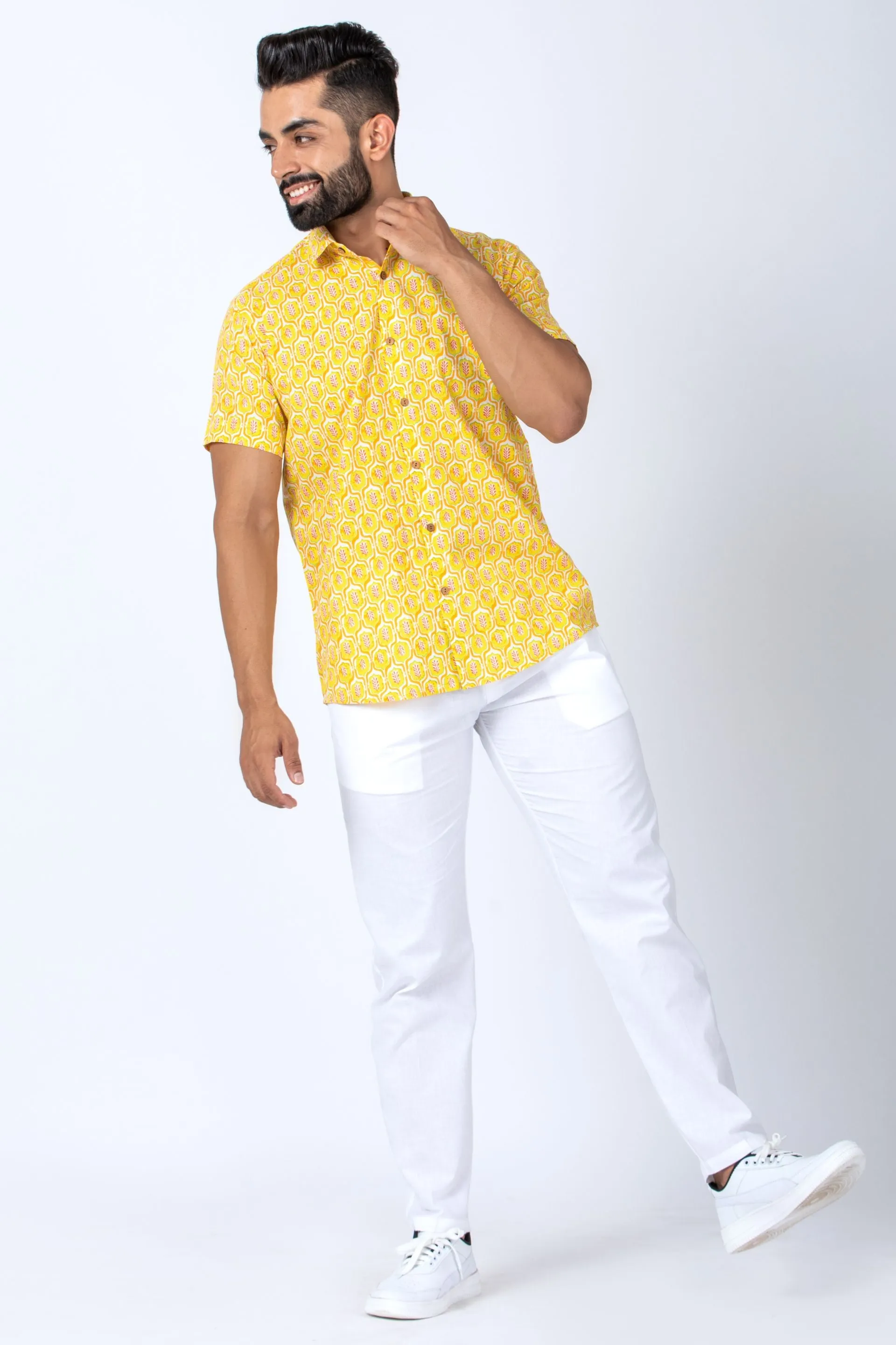 Firangi Yarn Yellow Ethnic Pattern Hand Printed Shirt For Men - Half Sleeves