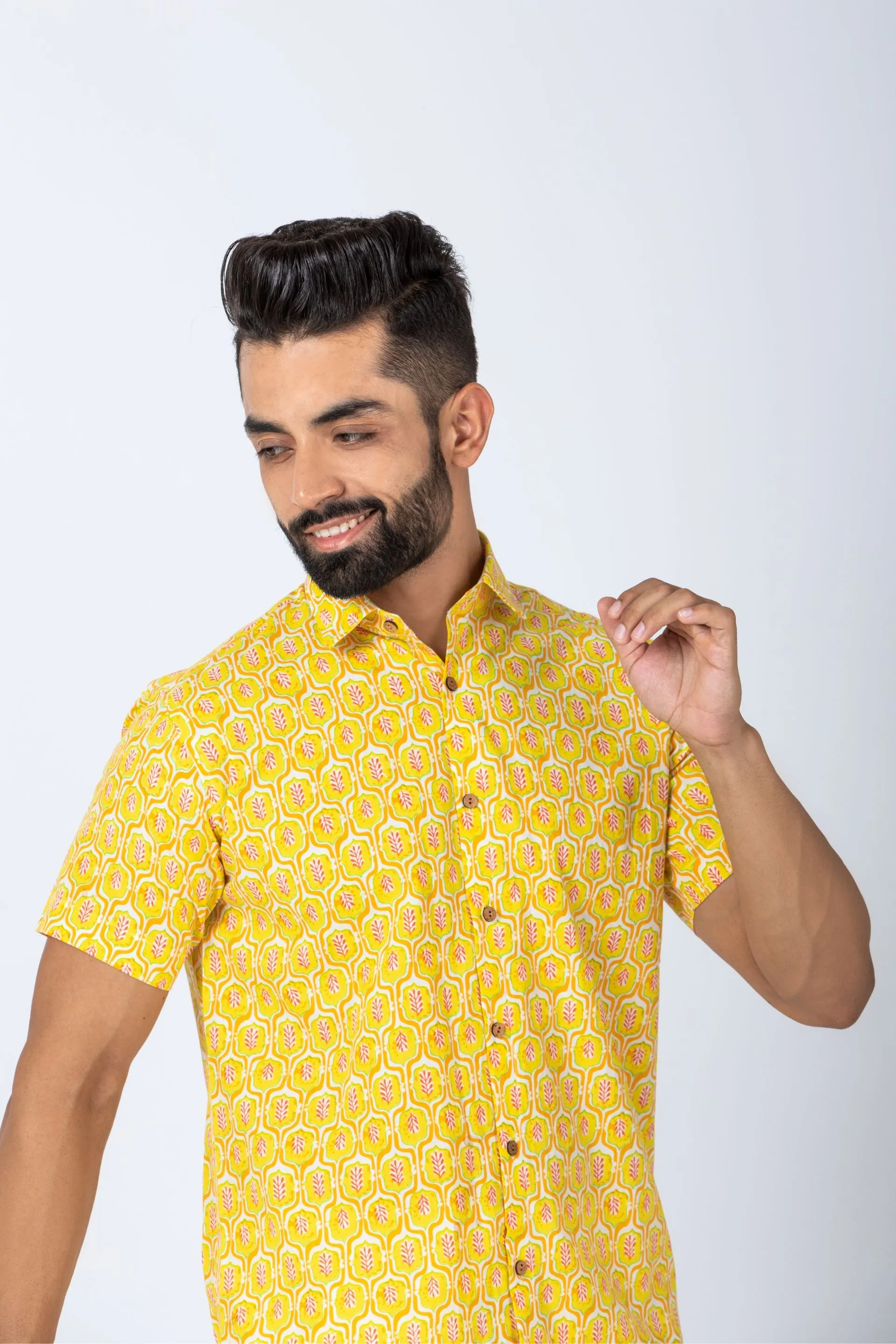 Firangi Yarn Yellow Ethnic Pattern Hand Printed Shirt For Men - Half Sleeves