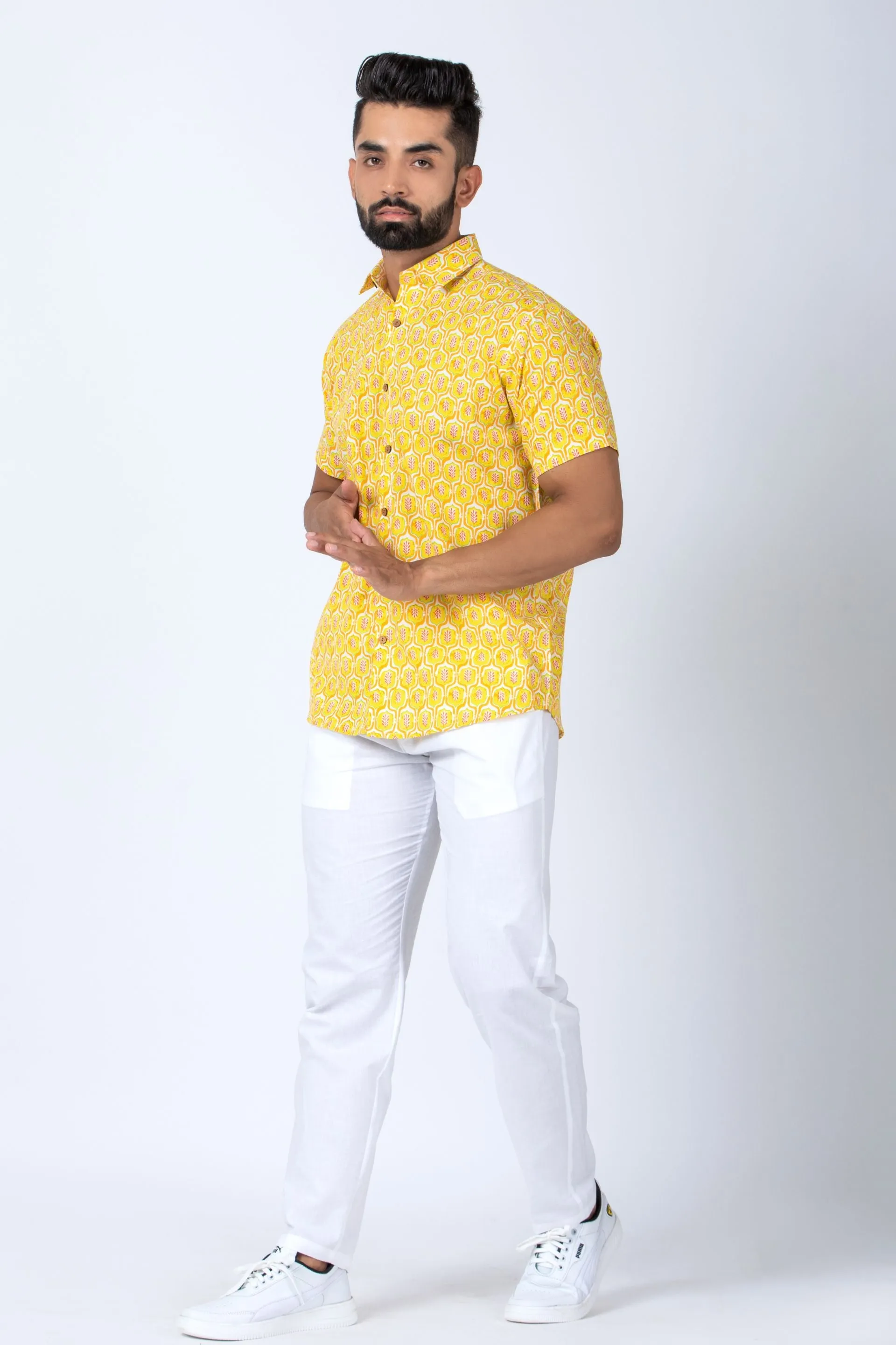 Firangi Yarn Yellow Ethnic Pattern Hand Printed Shirt For Men - Half Sleeves