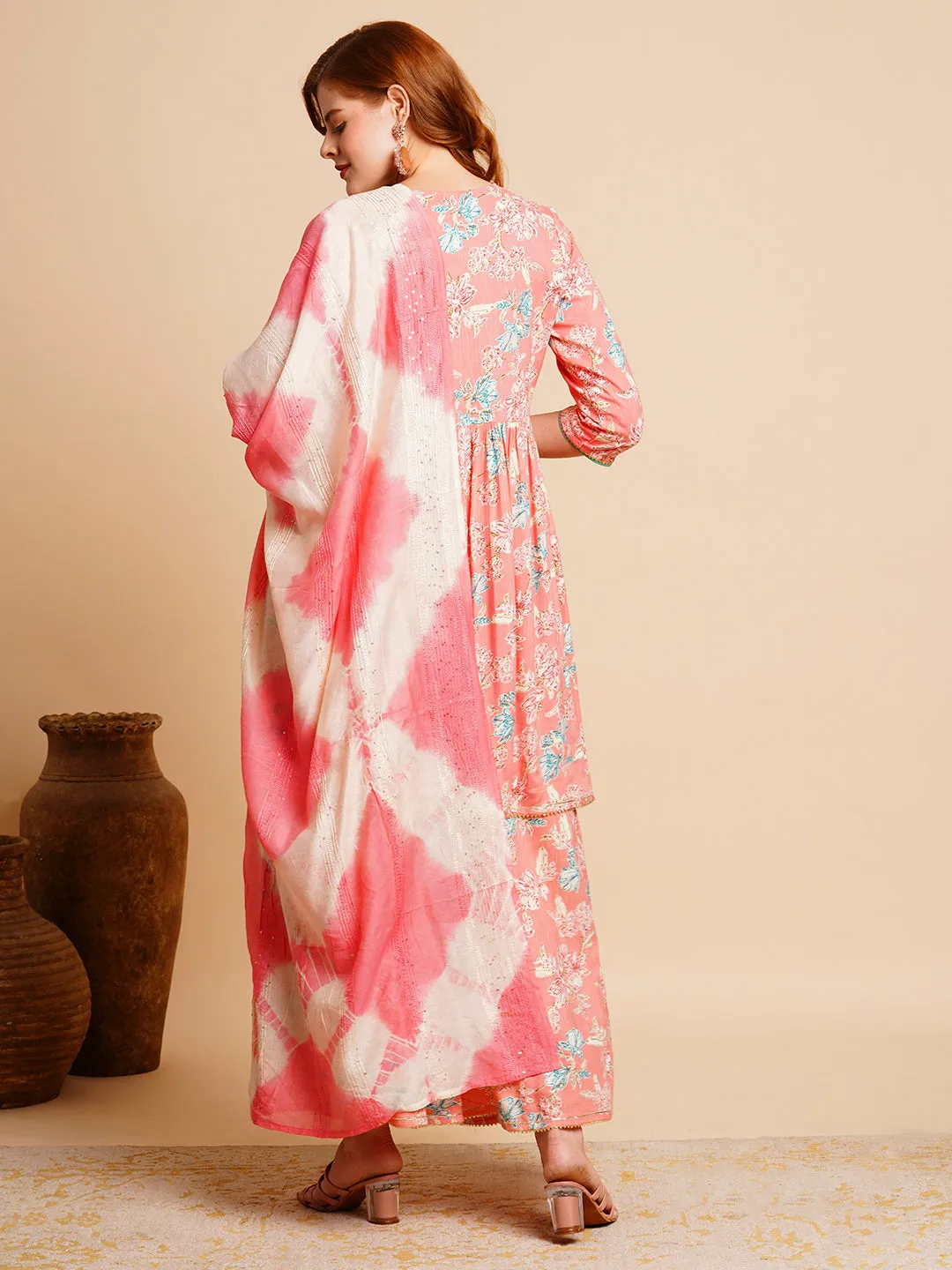 Floral Printed & Embroidered A-Line Pleated Kurta with Palazzo & Dupatta - Peach