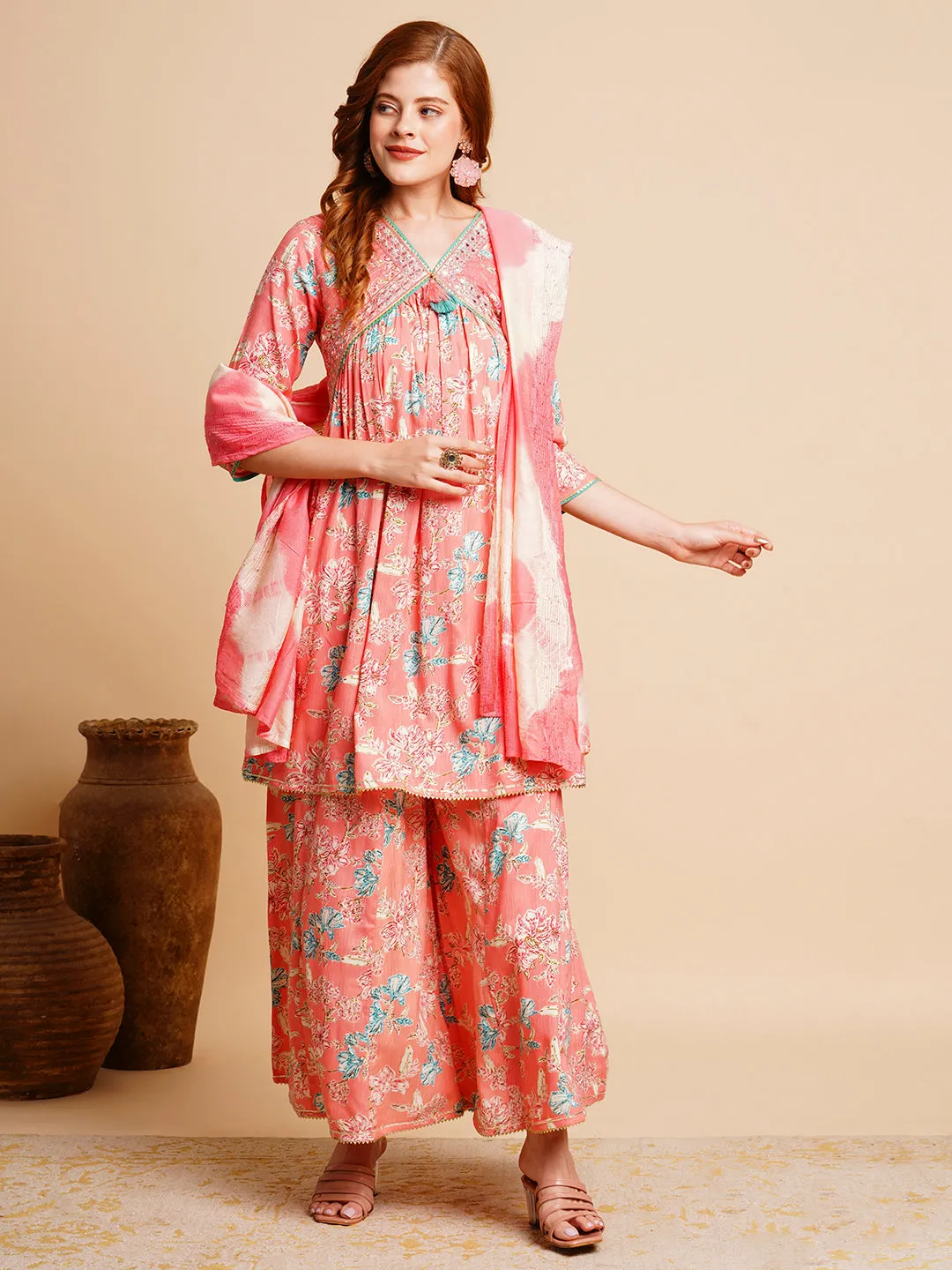 Floral Printed & Embroidered A-Line Pleated Kurta with Palazzo & Dupatta - Peach