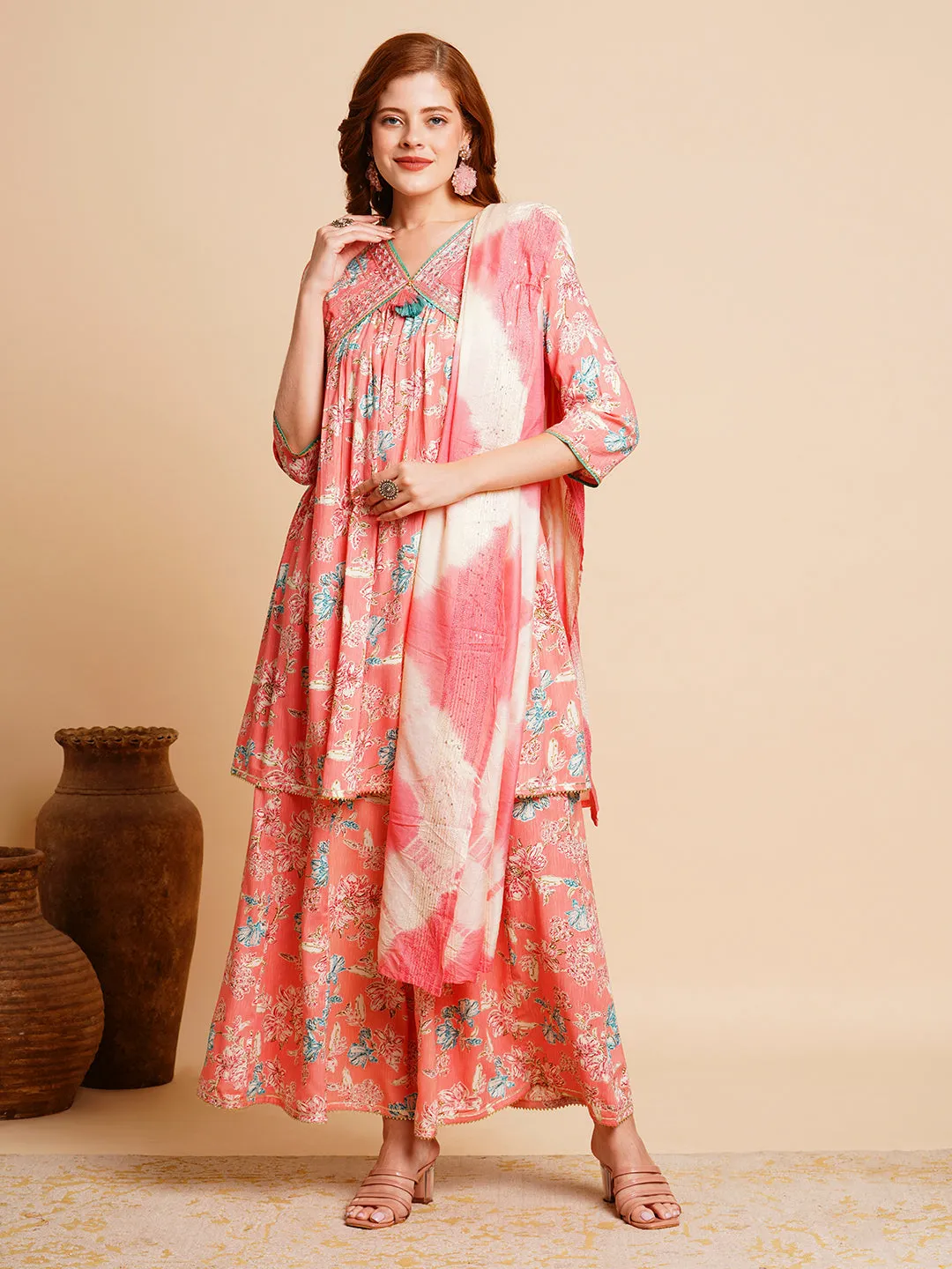 Floral Printed & Embroidered A-Line Pleated Kurta with Palazzo & Dupatta - Peach