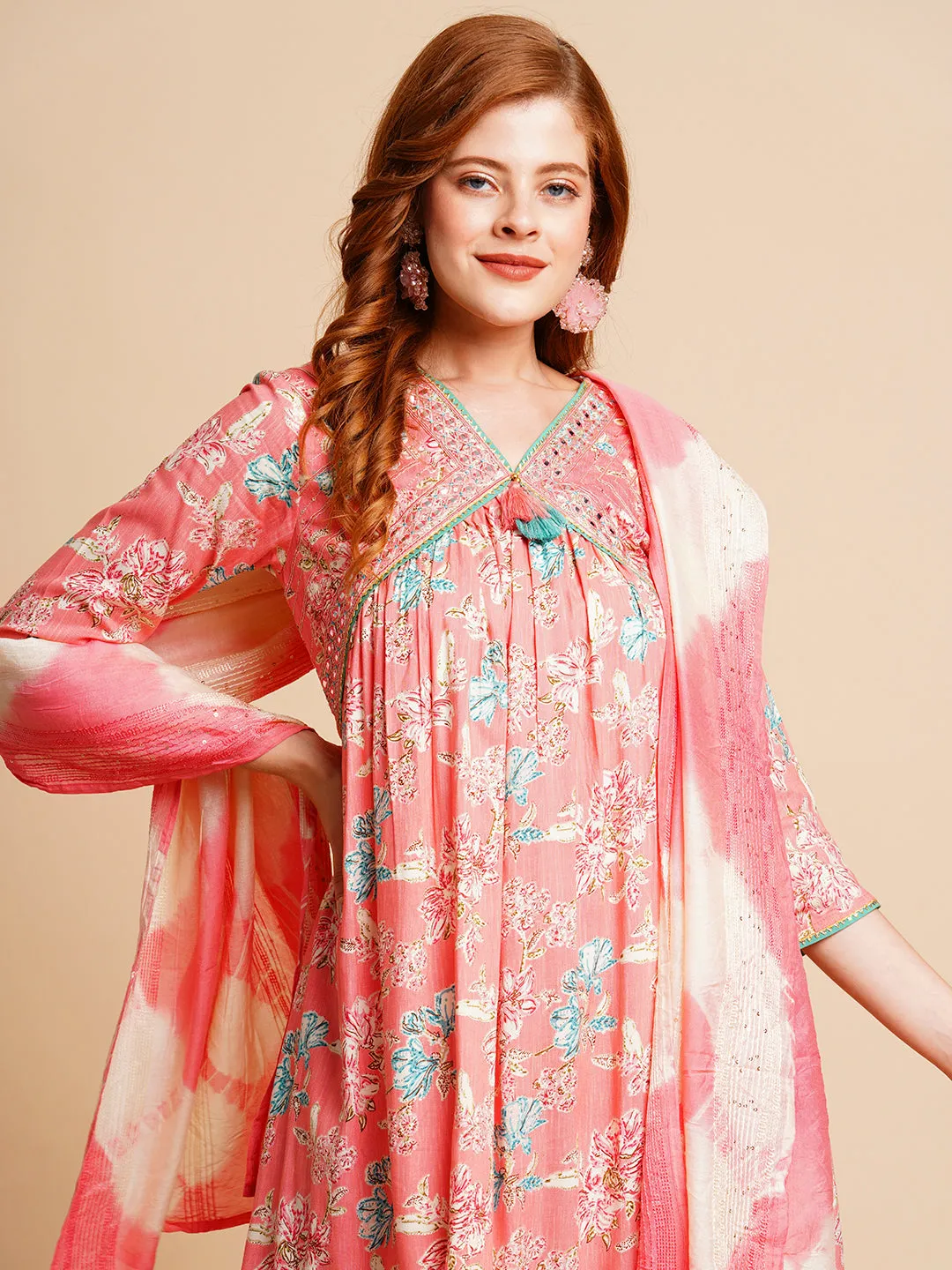 Floral Printed & Embroidered A-Line Pleated Kurta with Palazzo & Dupatta - Peach