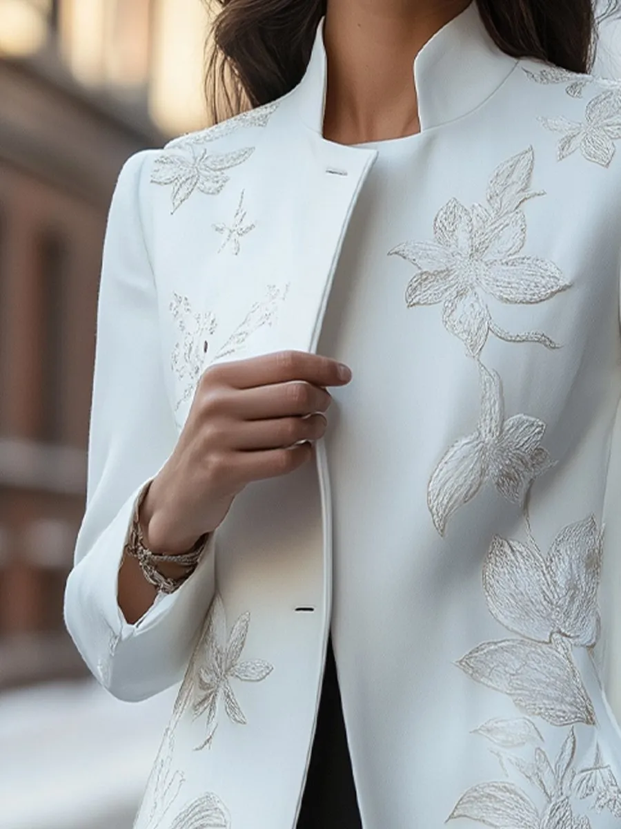 Floral Whisper: Softly Embroidered Coat for a Classic Look