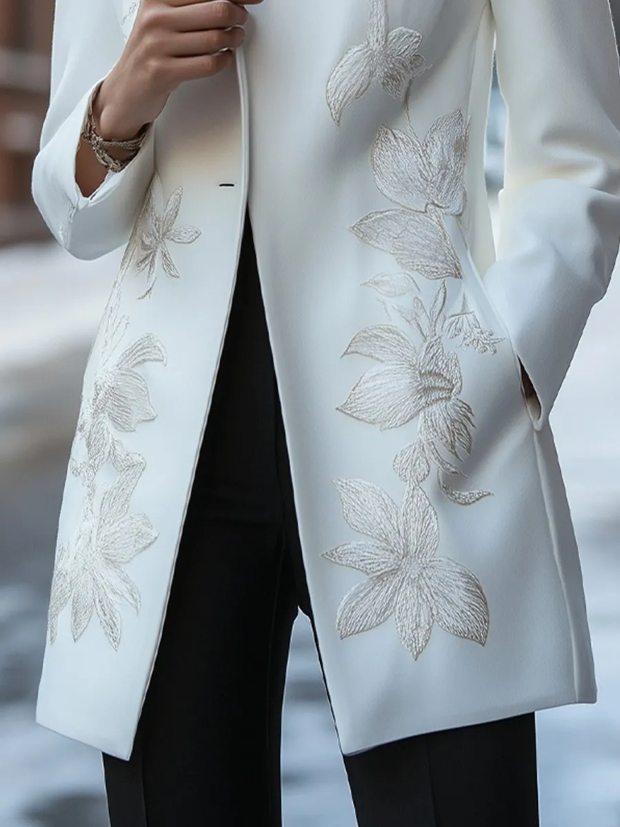 Floral Whisper: Softly Embroidered Coat for a Classic Look