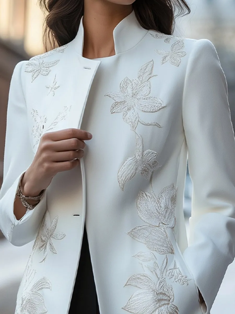 Floral Whisper: Softly Embroidered Coat for a Classic Look