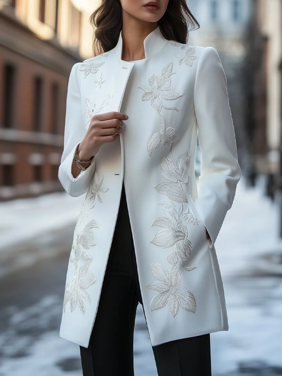 Floral Whisper: Softly Embroidered Coat for a Classic Look