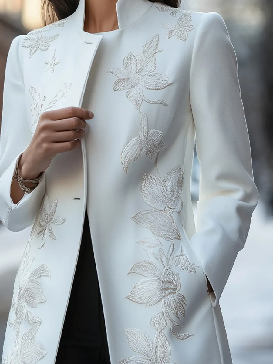 Floral Whisper: Softly Embroidered Coat for a Classic Look