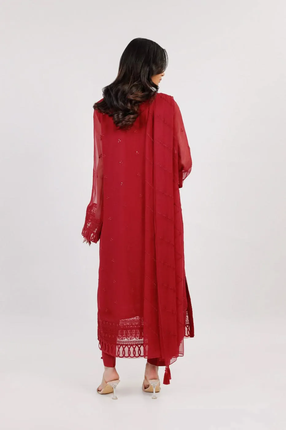 Four Piece Embroidered Chiffon Suit With Chiffon Dupatta