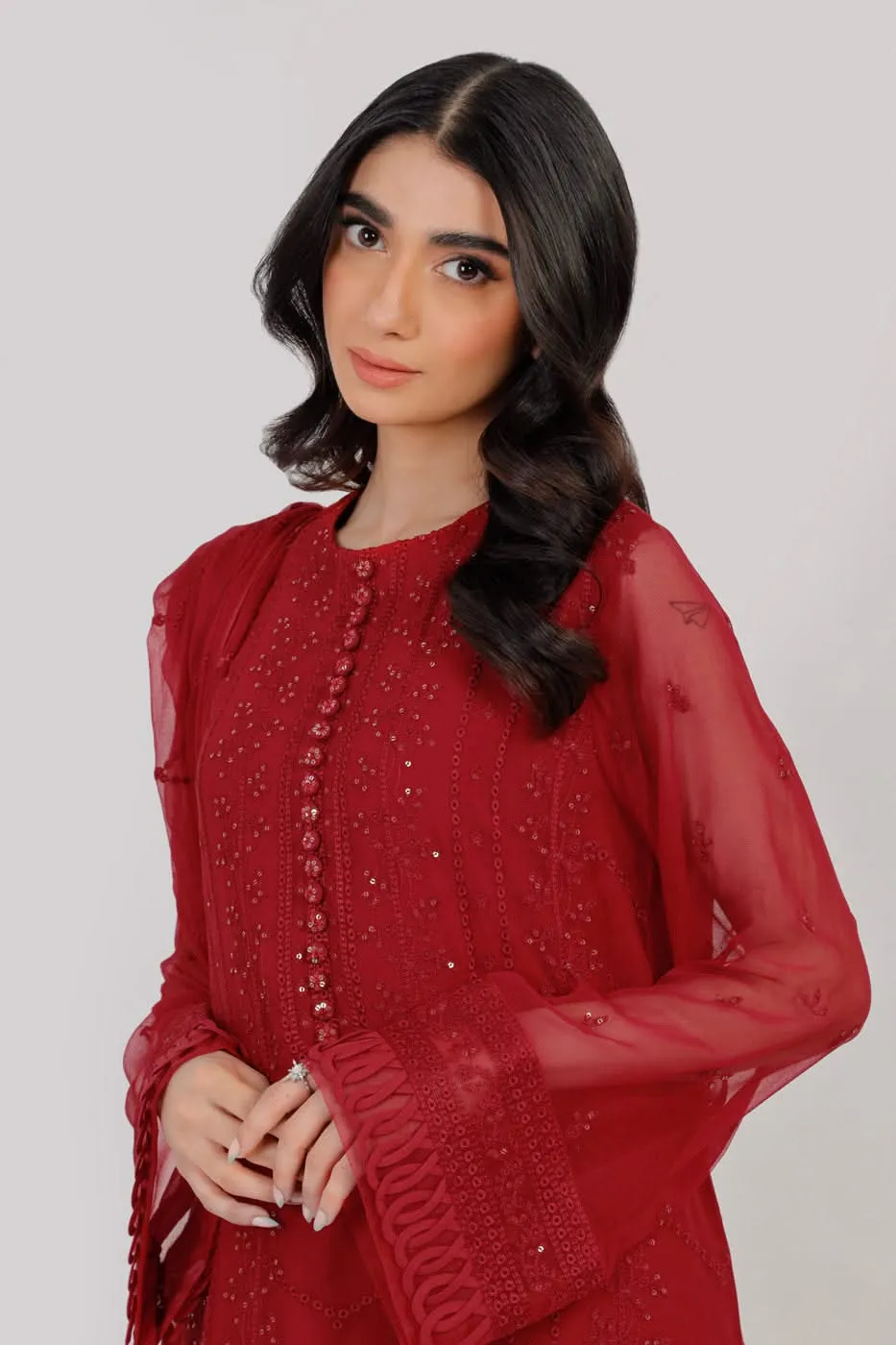 Four Piece Embroidered Chiffon Suit With Chiffon Dupatta