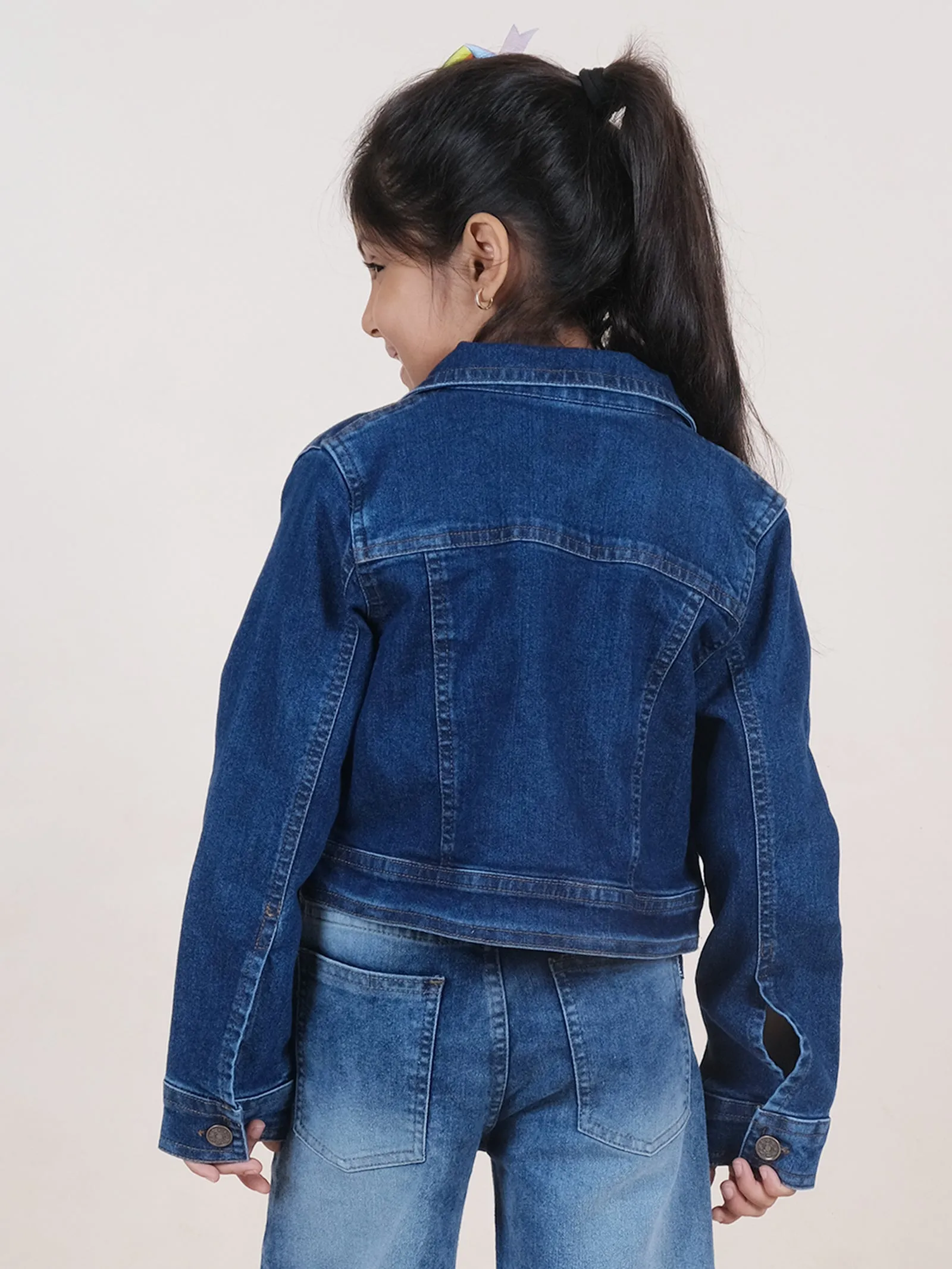 Girls Full Sleeve Solid Crop Denim Jacket