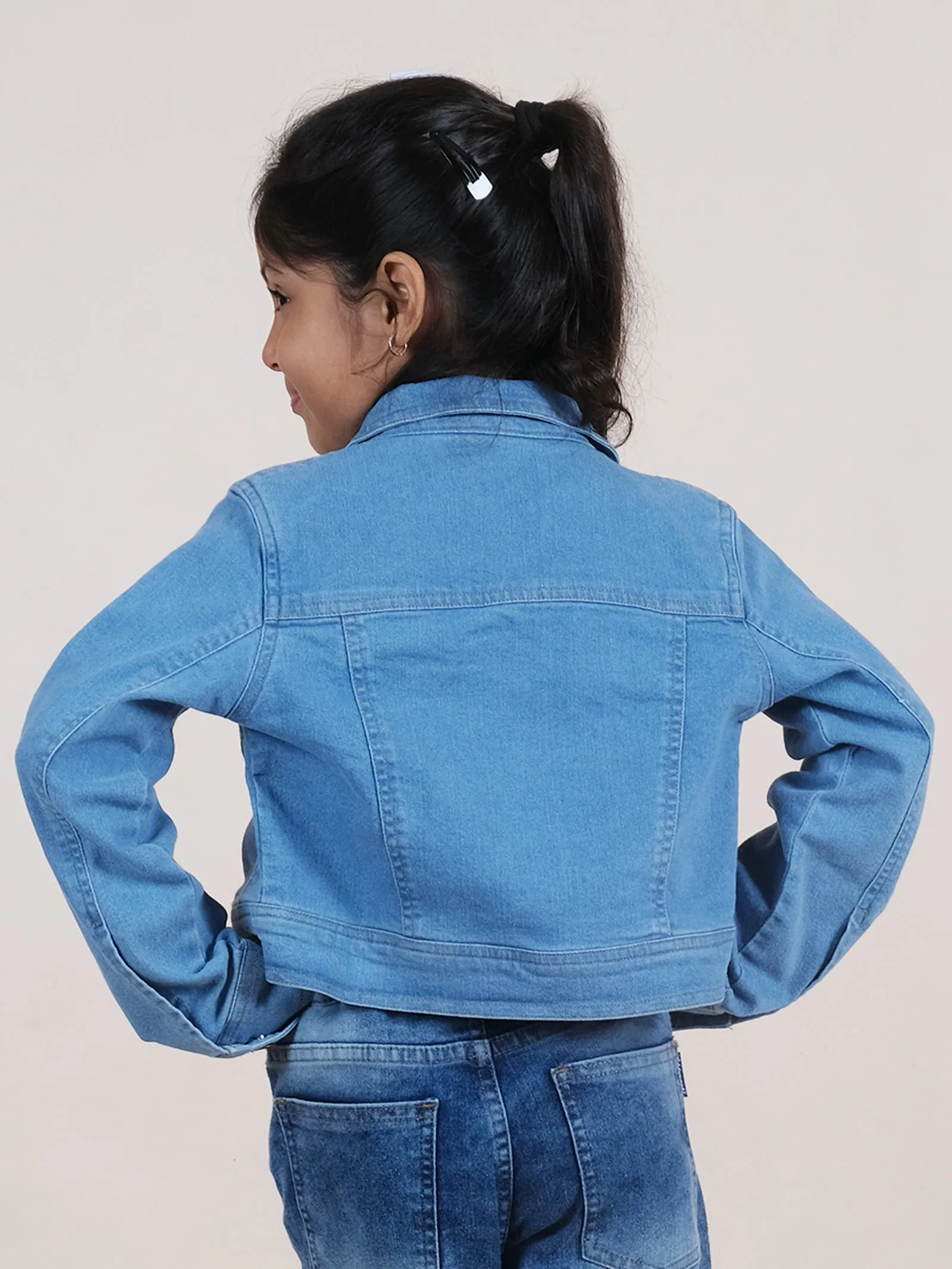 Girls Full Sleeve Solid Crop Denim Jacket