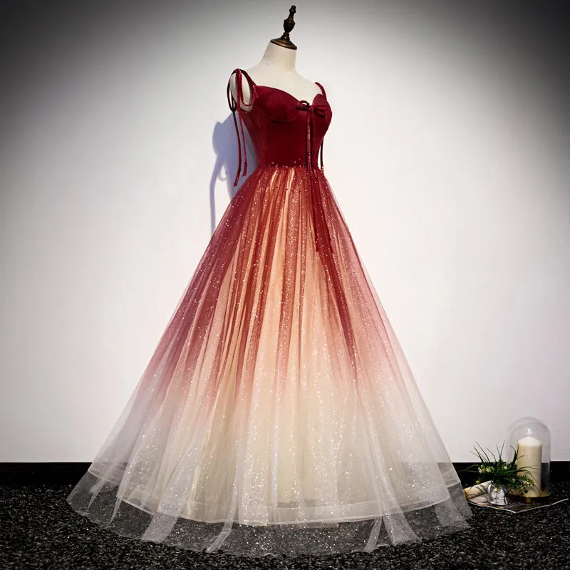 Gradient Burgundy Tulle Prom Dress Long Formal Evening Gown 300