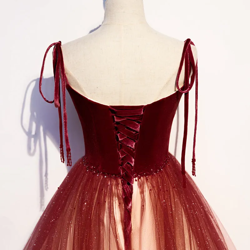 Gradient Burgundy Tulle Prom Dress Long Formal Evening Gown 300