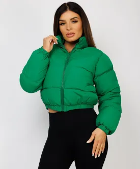 Green Solid Front Zipper Cropped Padded Puffer Jacket