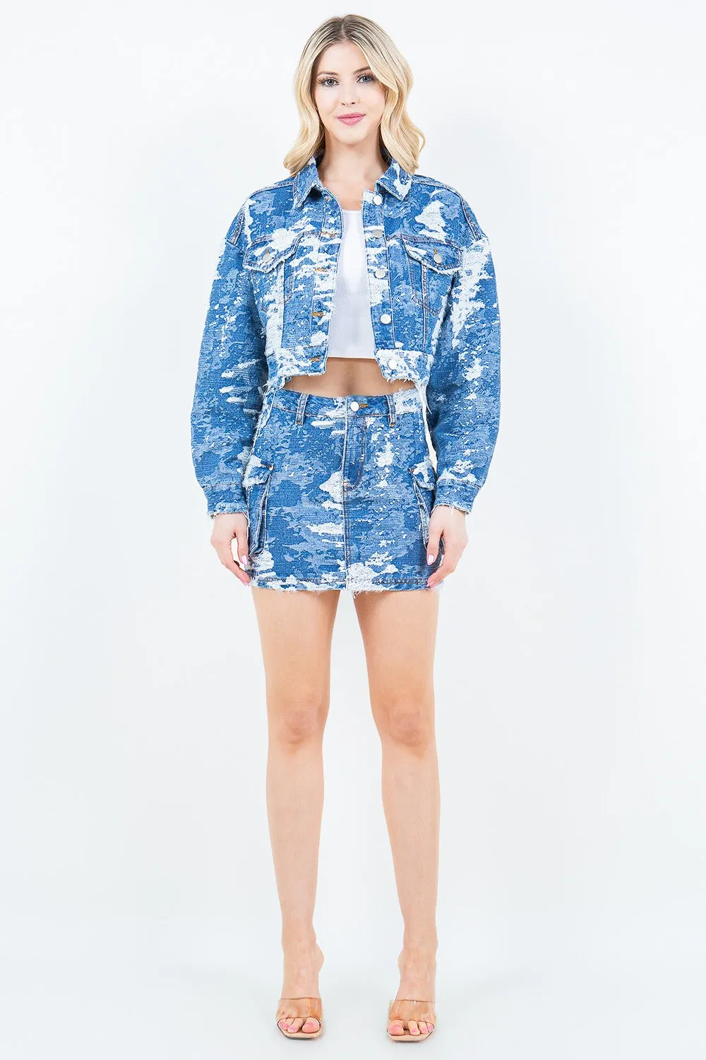 Jacquard Trim Cropped Denim Jacket