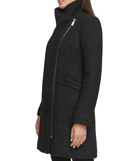 Kenneth Cole Asymmetric Zip Front Boucle Wool Coat - Black